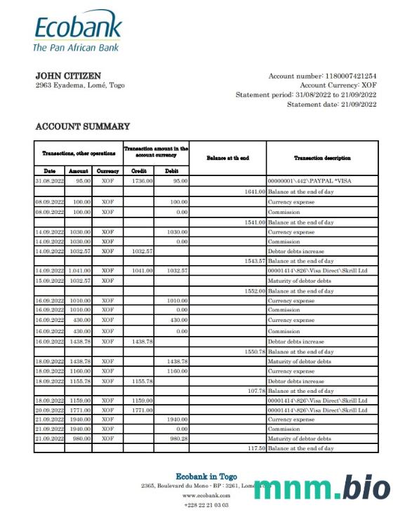 Szablon wyciągu bankowego Timor-Leste BNU w programie Word i PDF